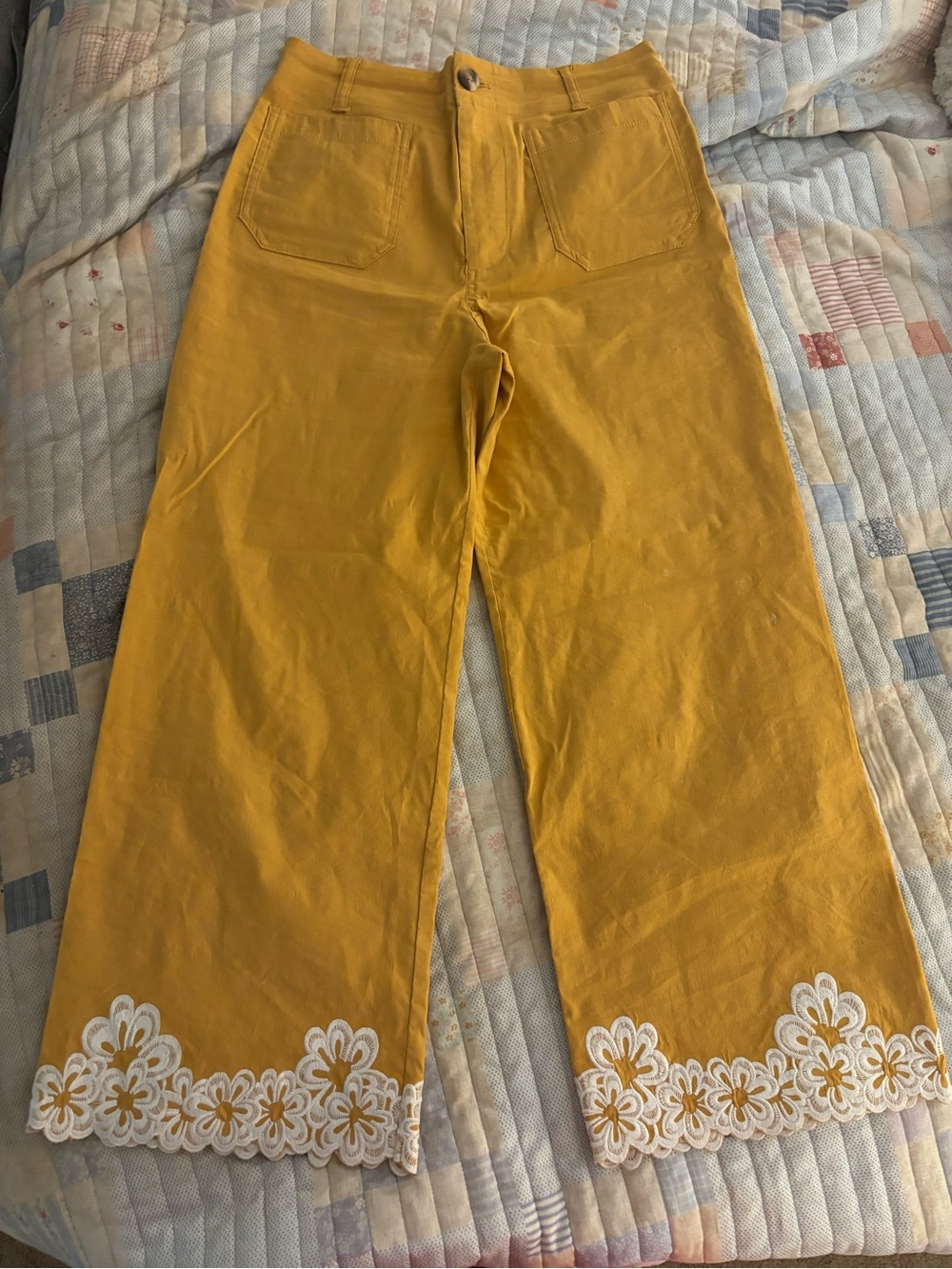 Anthropologie Maeve Colette Narcissus Yellow Embroidered Wide-Leg Pants - Picture 5 of 5